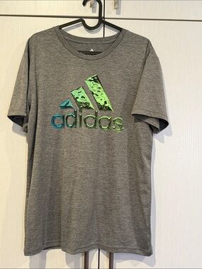adidas Grey Short-Sleeve Tee with Green Logo Accent